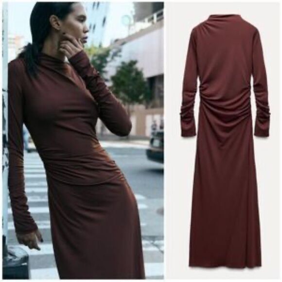 Zara Long Sleeve Mock Neck draped Bodycon Dress XS - Picture 3 of 13